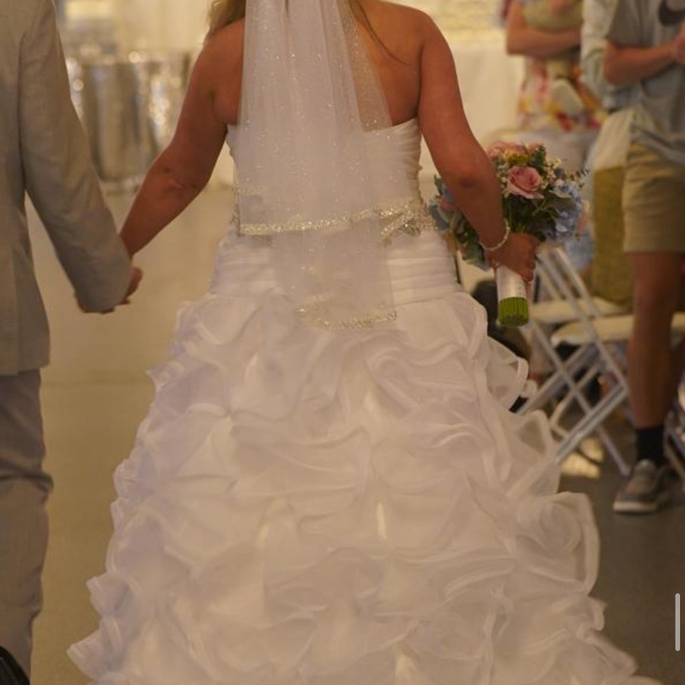 David's Bridal White organza ruffled ball gown